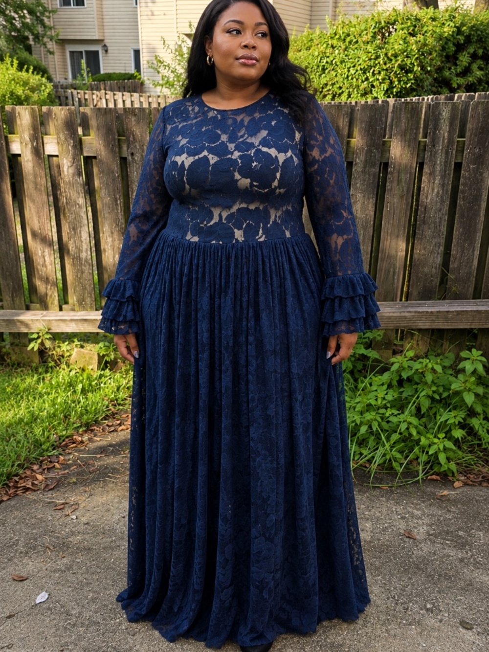 Elegant Navy Blue Floral Lace Maxi Dress
